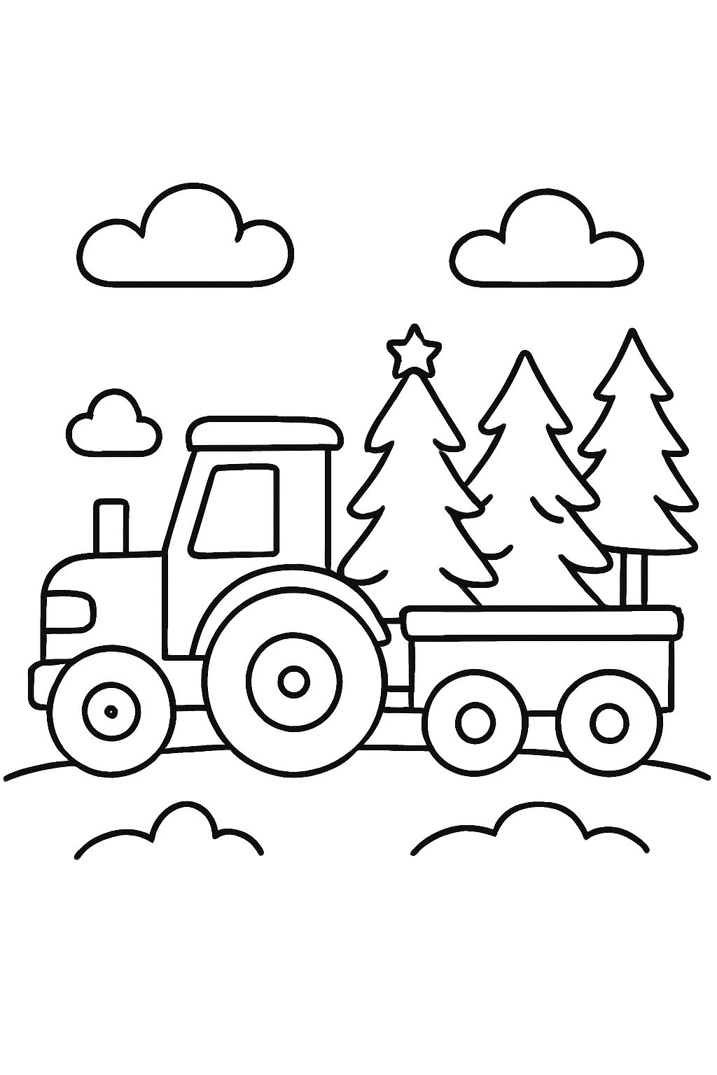 A tractor with a trailer hauling Christmas trees. A tractor with a trailer hauling Christmas trees.
