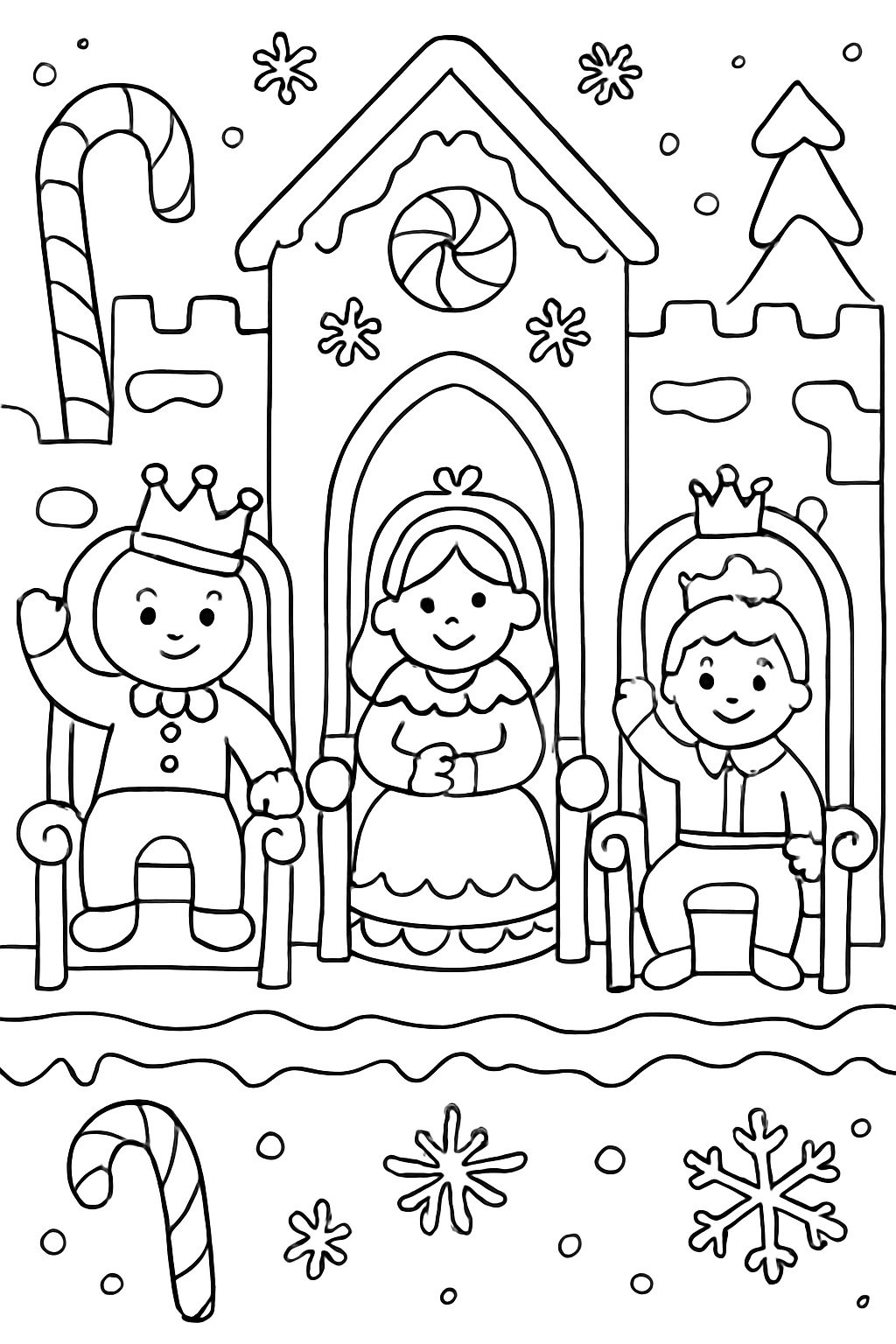 un roi, une reine, une princesse et un prince en pain d'épice assis sur des trônes à l'intérieur d'un château en pain d'épice, avec des décorations en canne en sucre et des flocons de neige en glaçage.