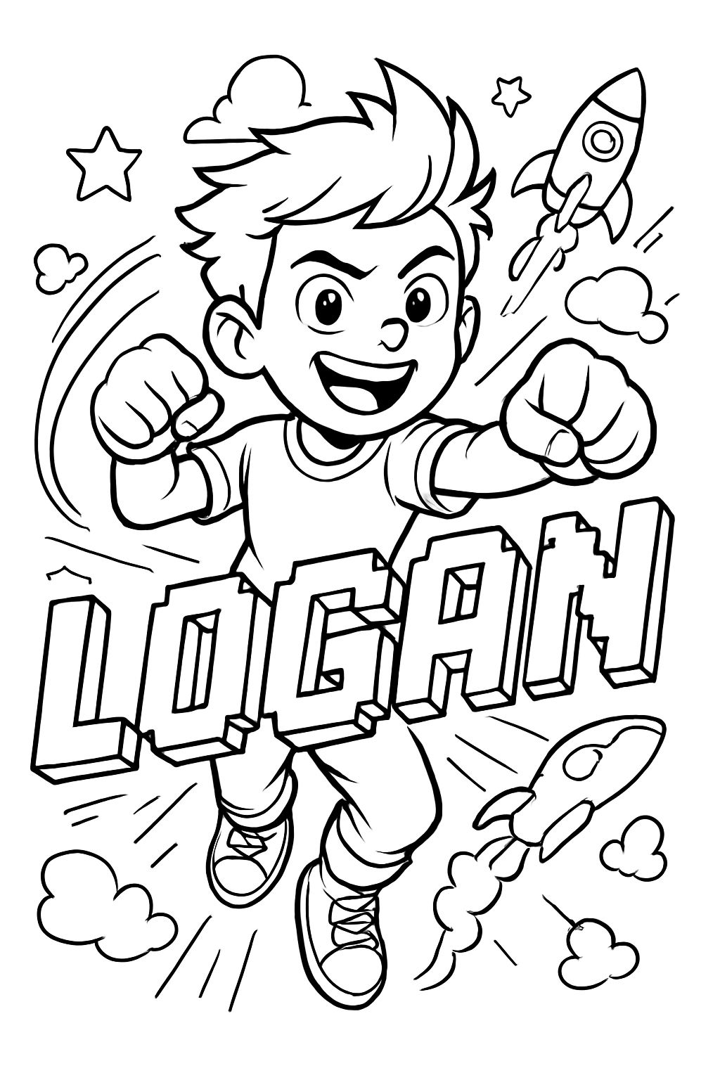 the name Logan pixelated zooming toward you.