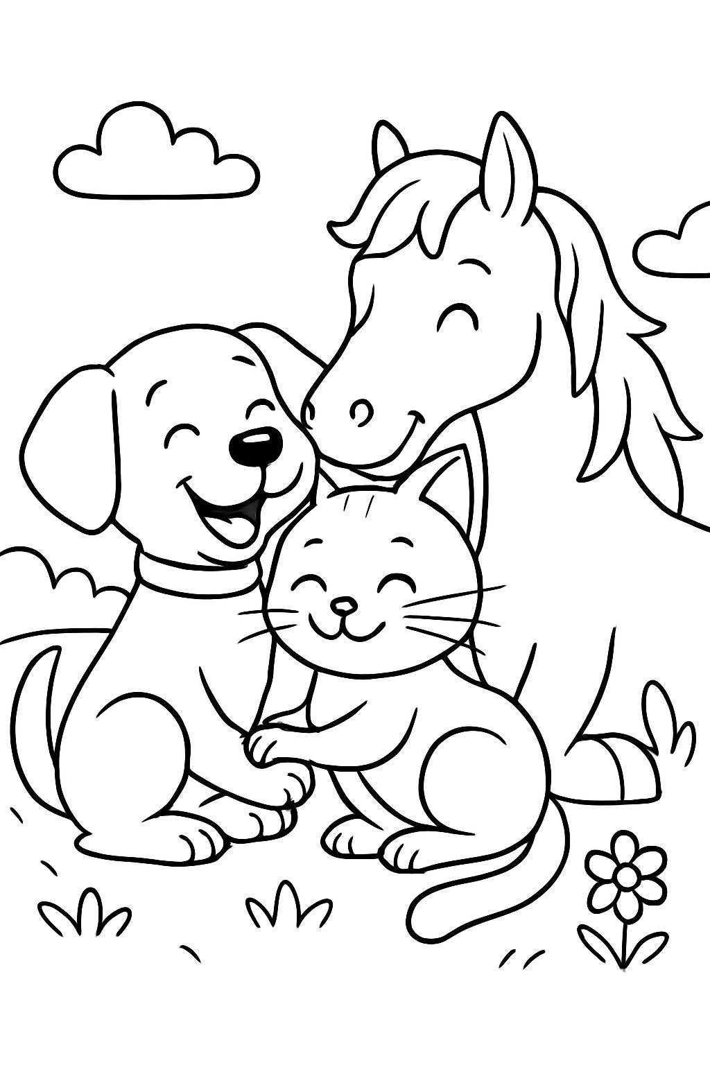 cachorro, cavalo e gato se aconchegando