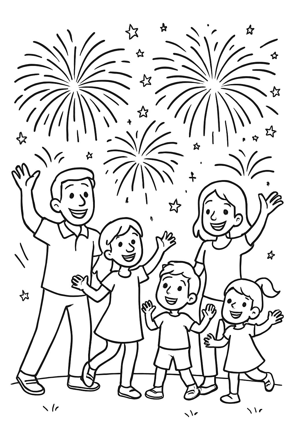 Ein großes Feuerwerk und eine Familie mit Vater, Mutter, großer Tochter, mittlerem Sohn und kleiner Tochter. Ein großes Feuerwerk und eine Familie mit Vater, Mutter, großer Tochter, mittlerem Sohn und kleiner Tochter.