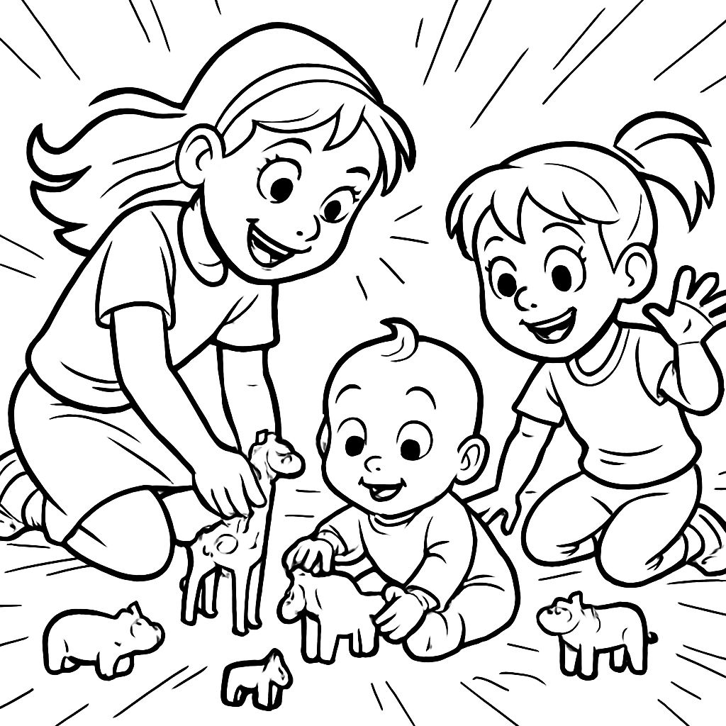 two girls aged 6 and 4 years with a baby on the floor. All are playing with small wooden animals. two girls aged 6 and 4 years with a baby on the floor. All are playing with small wooden animals.