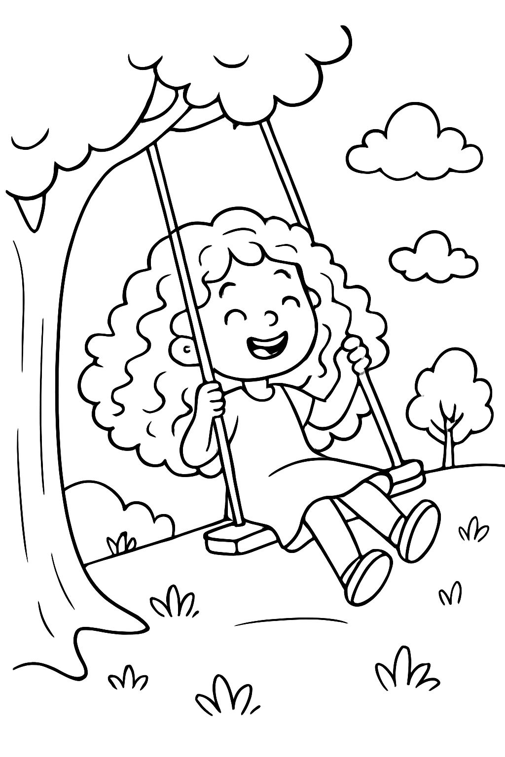 Menina com cabelo longo e cacheado brincando em um balanço. Menina com cabelo longo e cacheado brincando em um balanço.