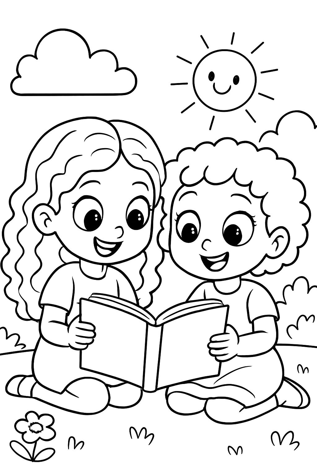 Duas meninas pequenas com olhos grandes, uma com cabelo cacheado longo e outra com cabelo cacheado mais curto, lendo um livro juntas.