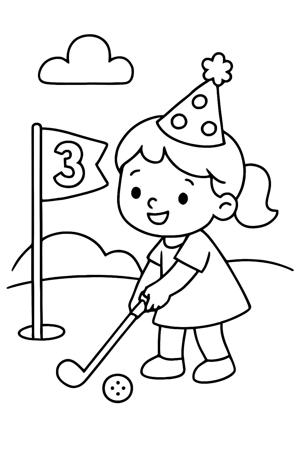 Un thème d'anniversaire de golf au trou 3 avec une petite fille jouant au golf. Un thème d'anniversaire de golf au trou 3 avec une petite fille jouant au golf.