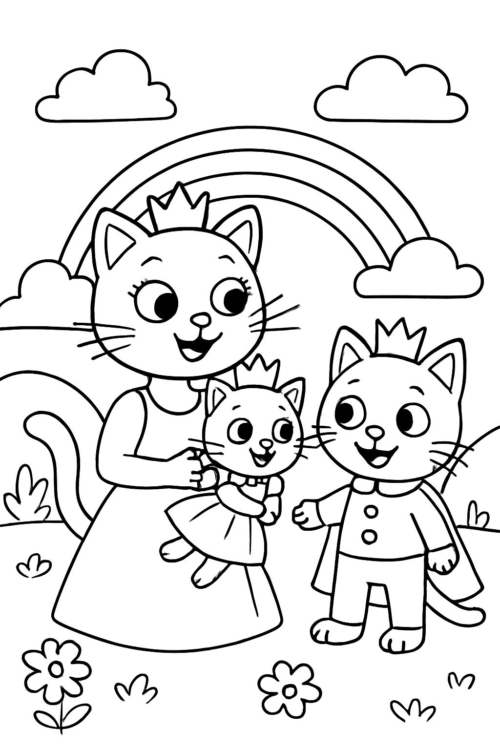 Uma princesa gata com um vestido sem mangas, segurando uma princesa gata bebê com um vestido e uma coroa, e um príncipe gato do mesmo tamanho que a princesa gata, todos usando coroas. Uma princesa gata com um vestido sem mangas, segurando uma princesa gata bebê com um vestido e uma coroa, e um príncipe gato do mesmo tamanho que a princesa gata, todos usando coroas.