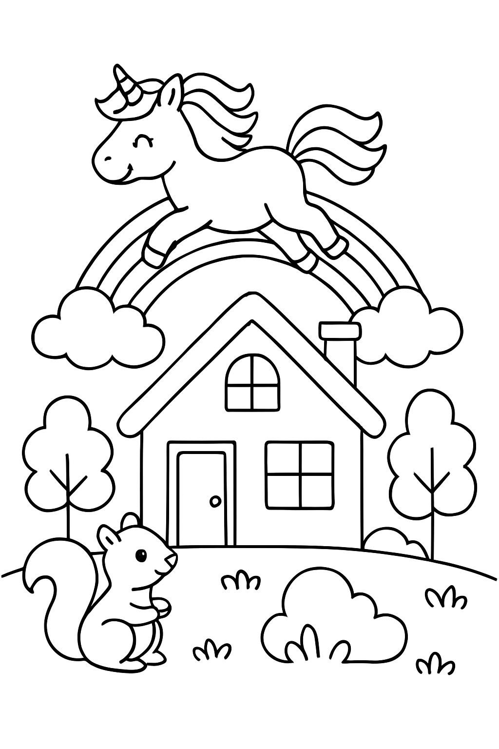 uma casa com um arco-íris e um unicórnio acima e um esquilo perto da casa uma casa com um arco-íris e um unicórnio acima e um esquilo perto da casa
