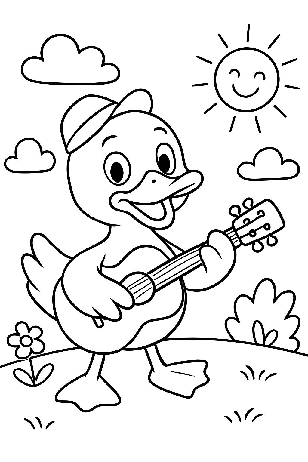 Eine freundliche Ente, die Gitarre spielt.