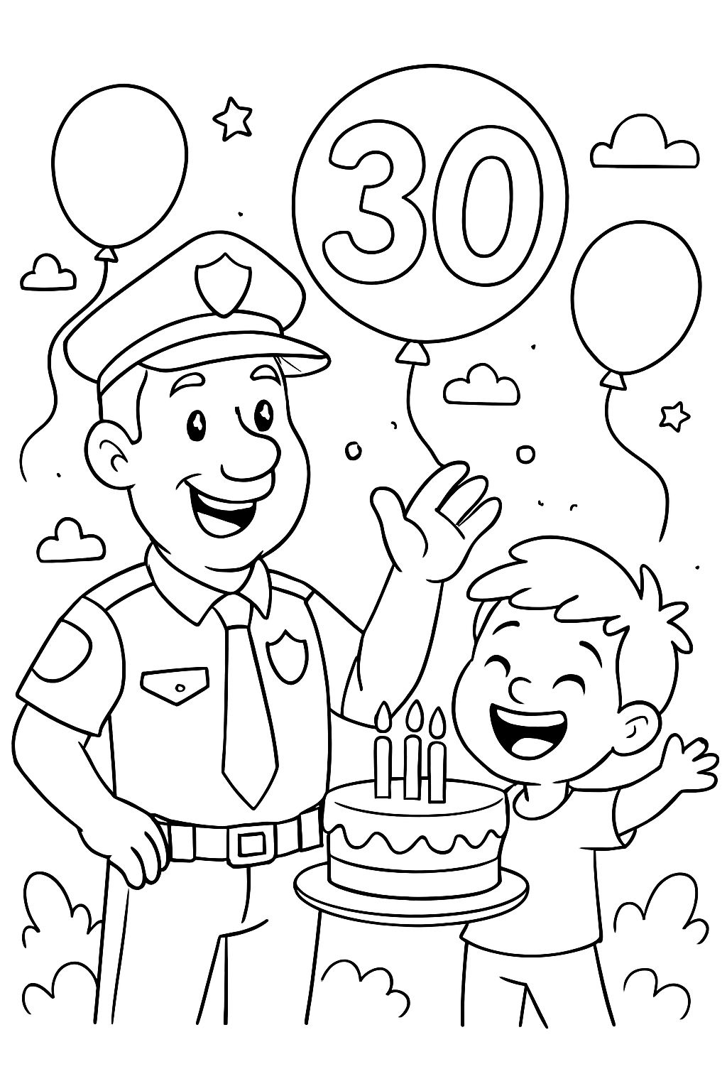 Uncle as a cop and 5 year old with joy and 30th birthday wishes.