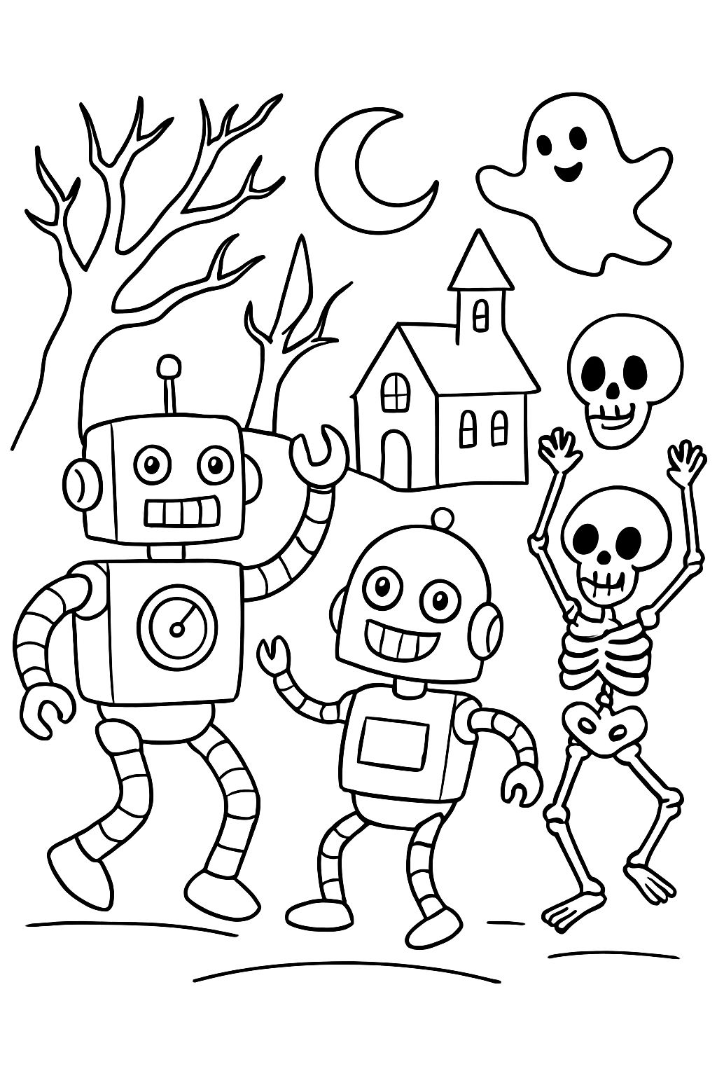 Robots y esqueletos bailando en un ambiente espeluznante Robots y esqueletos bailando en un ambiente espeluznante