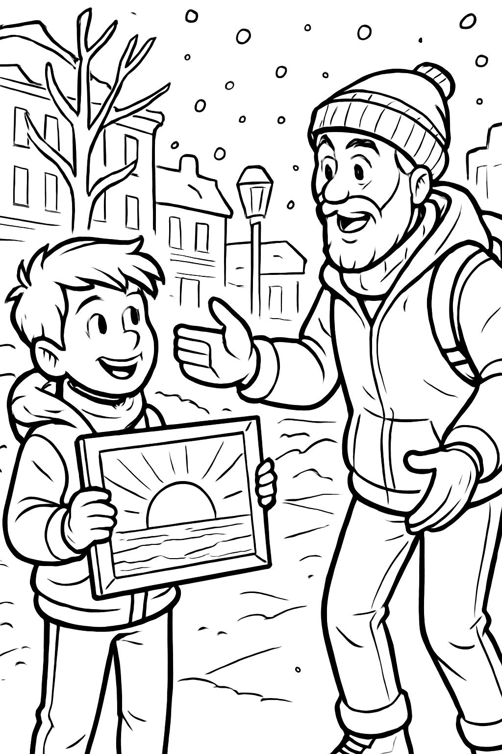 Boy holding his wooden sunset painting meet a guy in the street in winter