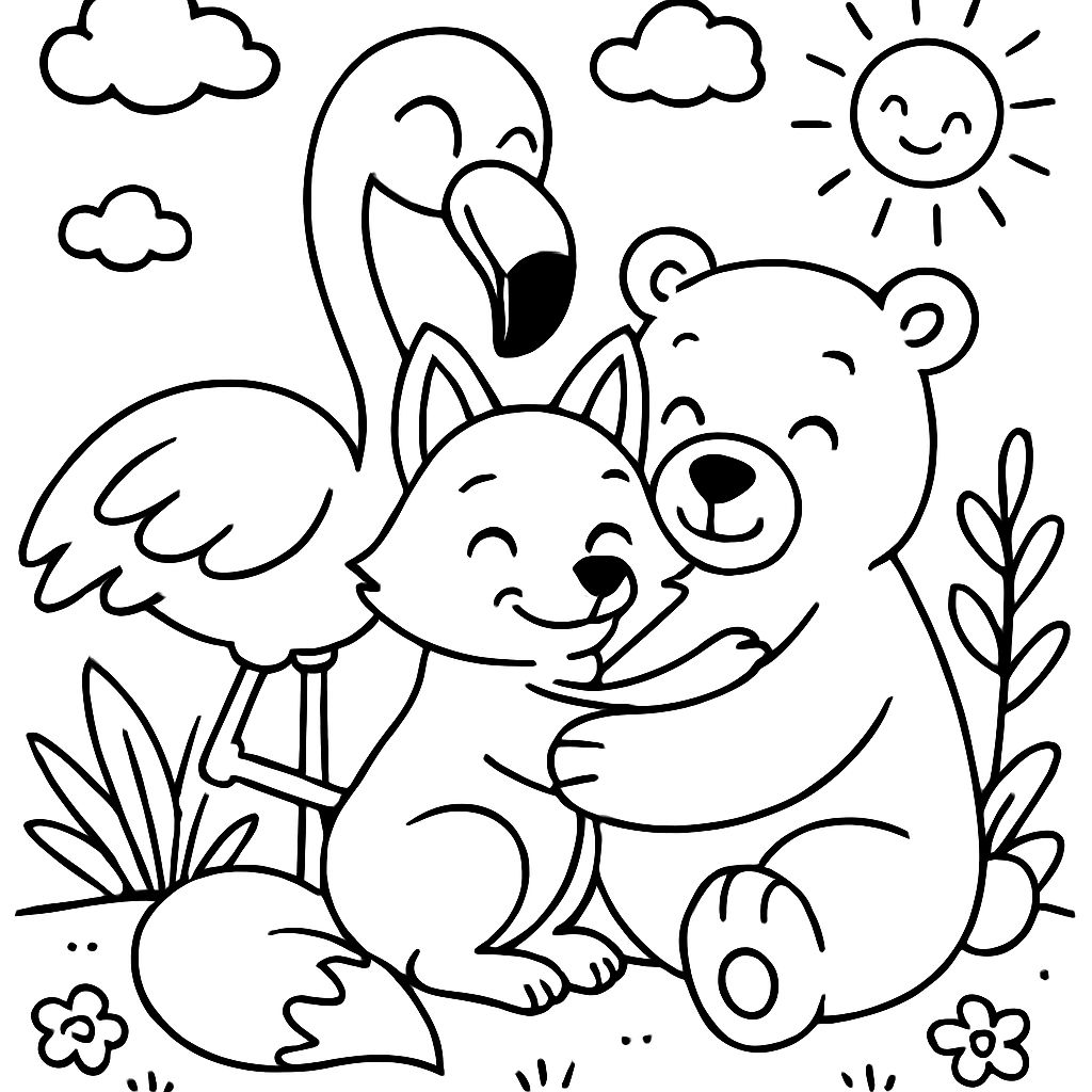 Flamingo, der einen Fuchs und einen Eisbären umarmt Flamingo, der einen Fuchs und einen Eisbären umarmt