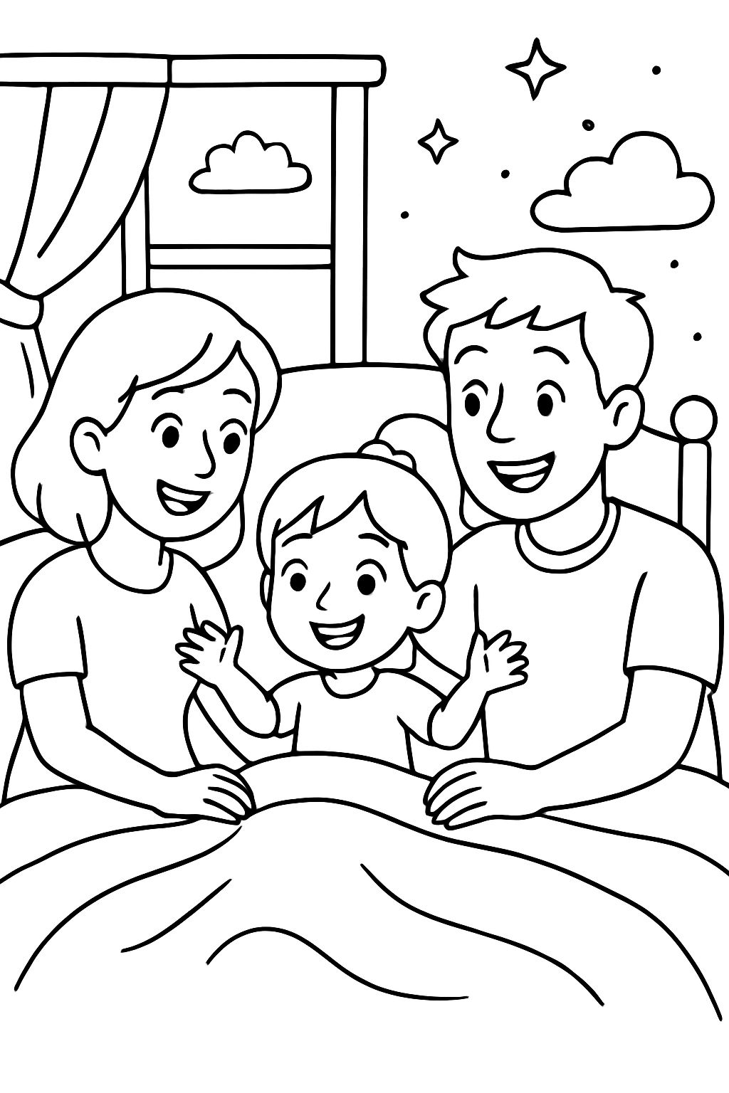 Mama und Papa mit ihrer Tochter im Bett