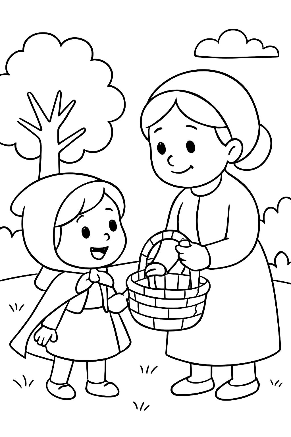 Réalise une image à colorier de Petit Chaperon Rouge et de sa maman avec le panier qu'elle doit emporter.