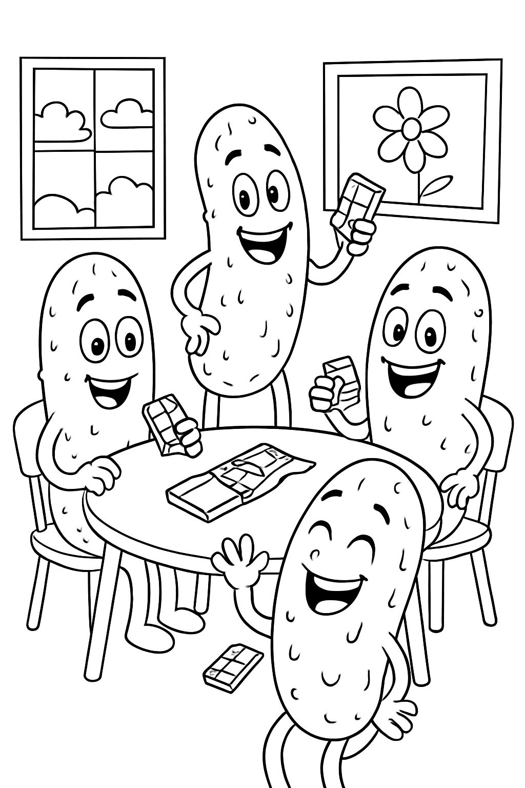 a pickles sitting around a table eating chocolate