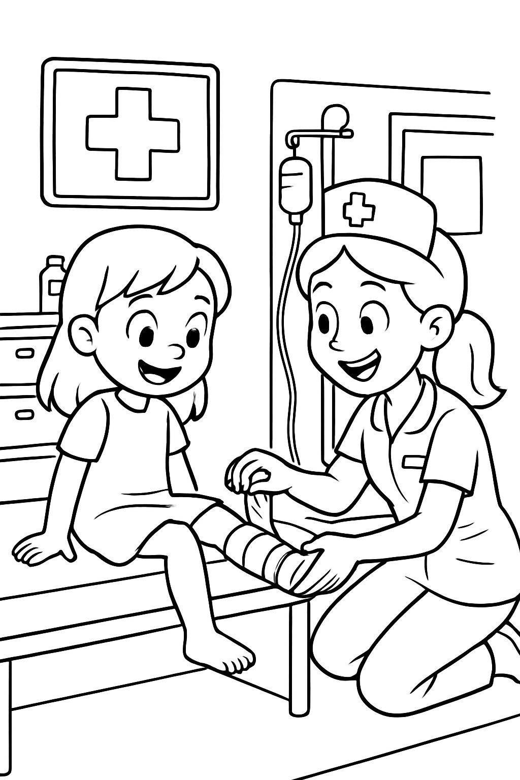 hospital girl is being treated on her leg in the emergency room