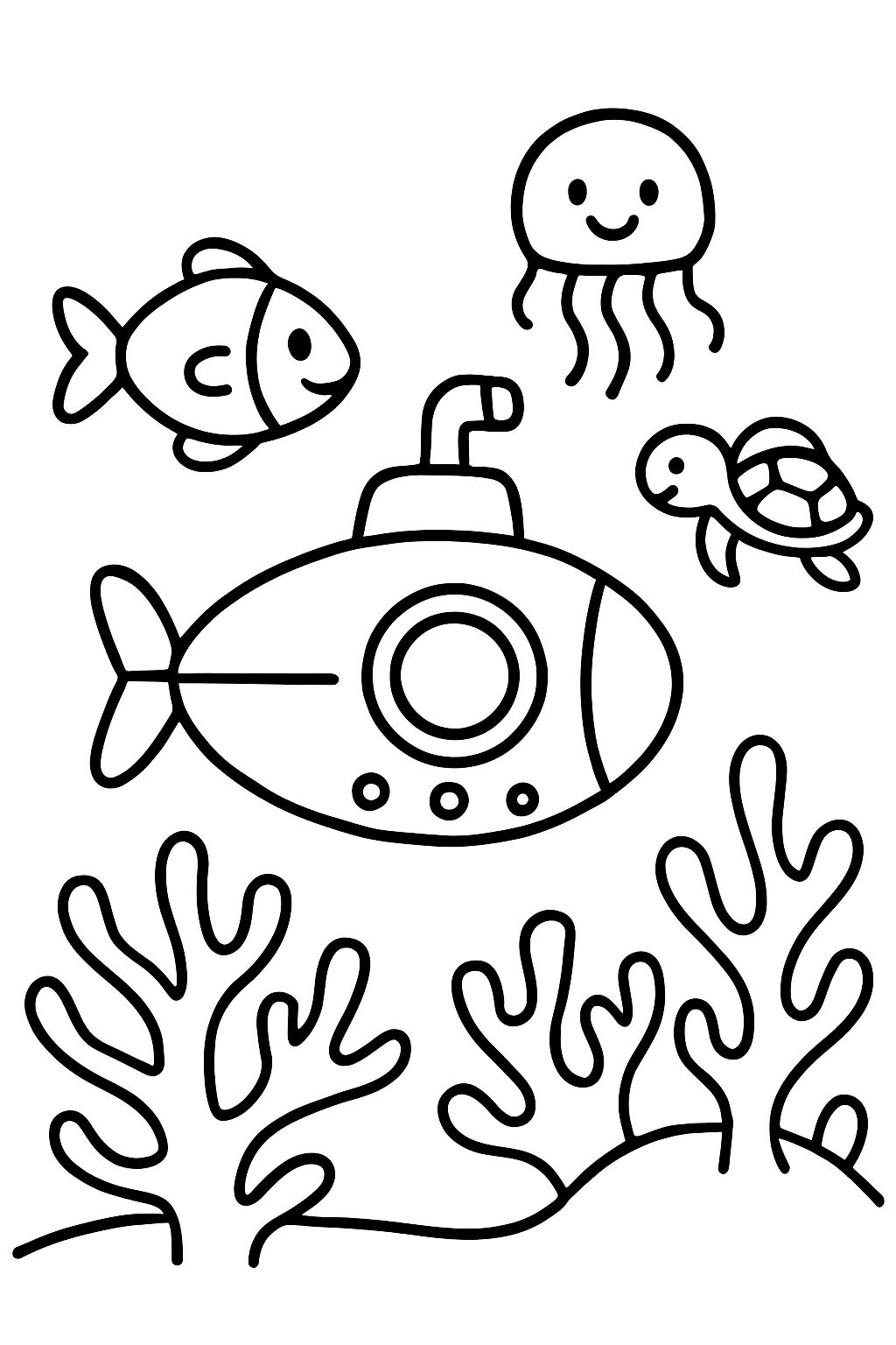 An underwater world with corals, submarine, and water animals An underwater world with corals, submarine, and water animals