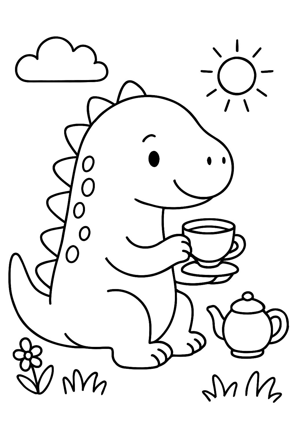 friendly dinosaur sipping tea