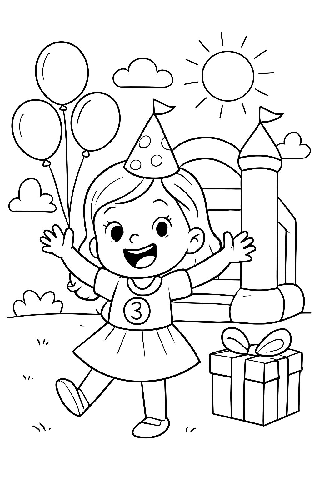 Aniversário de uma menina de 3 anos no verão com uma casa de salto. Aniversário de uma menina de 3 anos no verão com uma casa de salto.