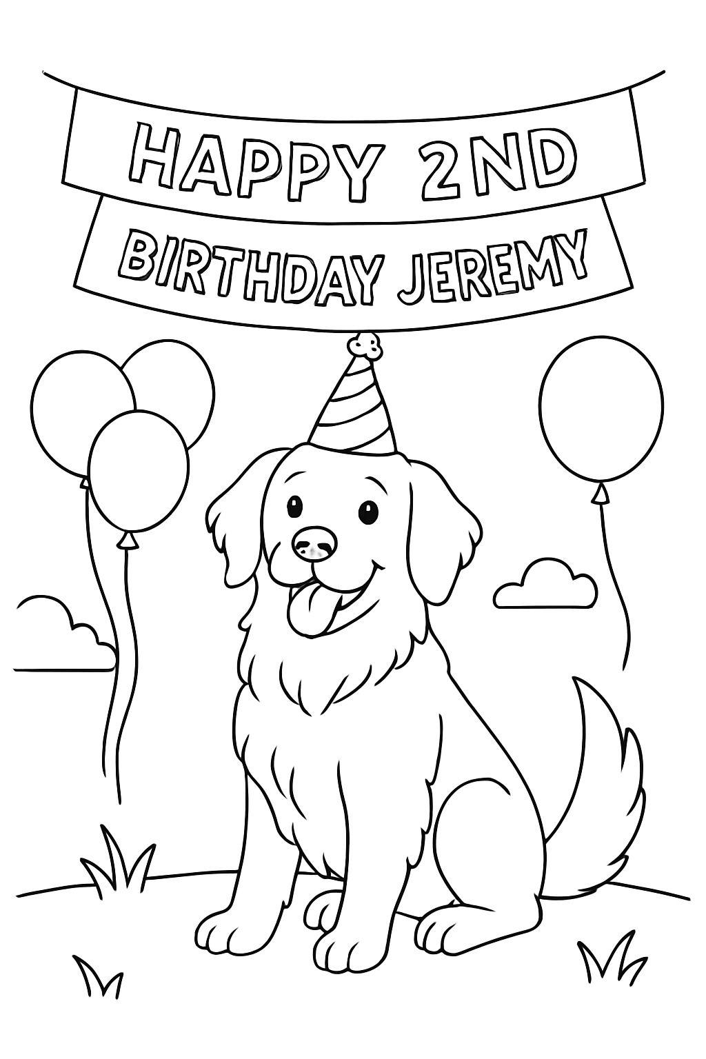 A golden retriever with a birthday hat on and a banner that says Happy 2nd birthday Jeremy.