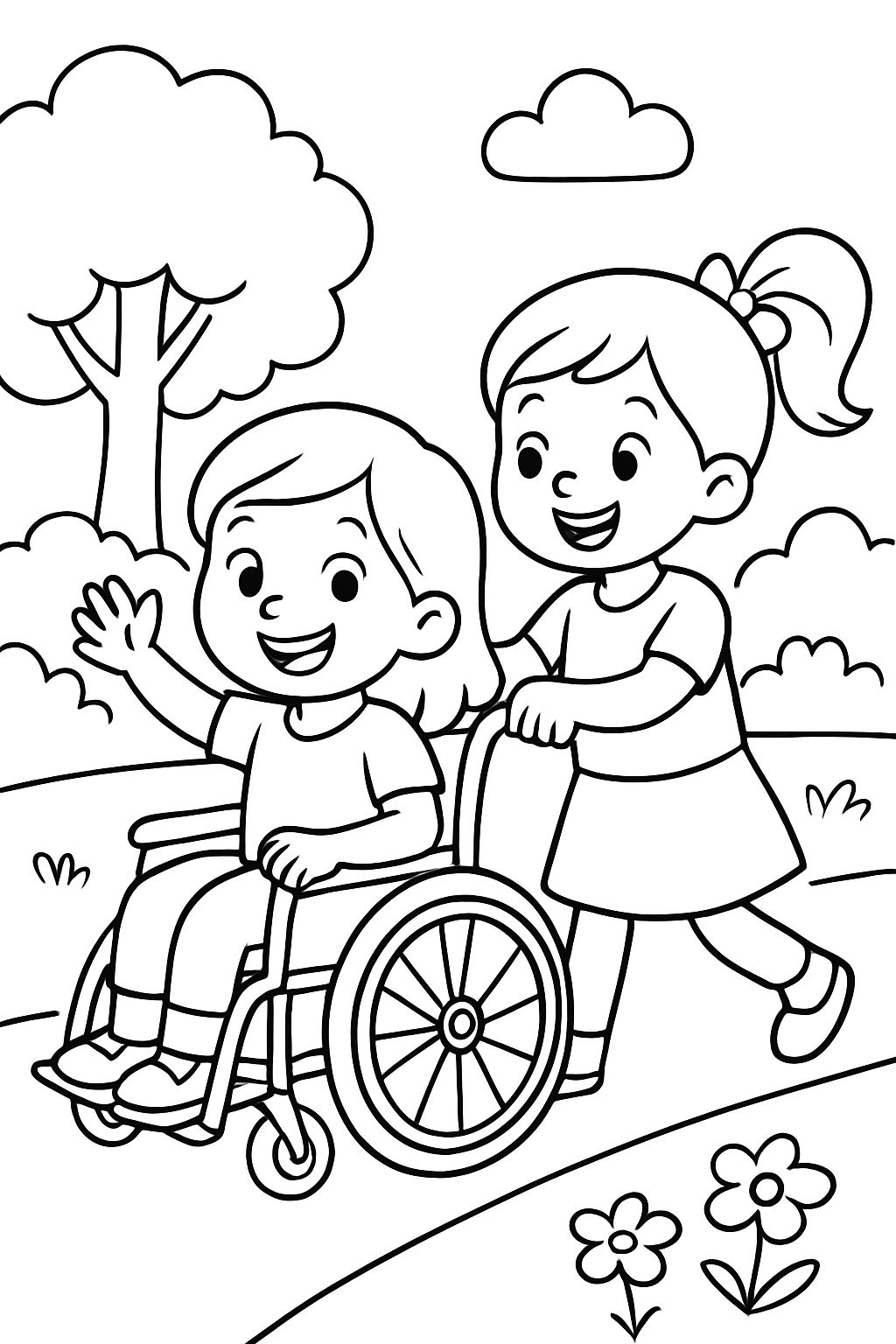 girl in wheelchair with second girl pushing in the park girl in wheelchair with second girl pushing in the park