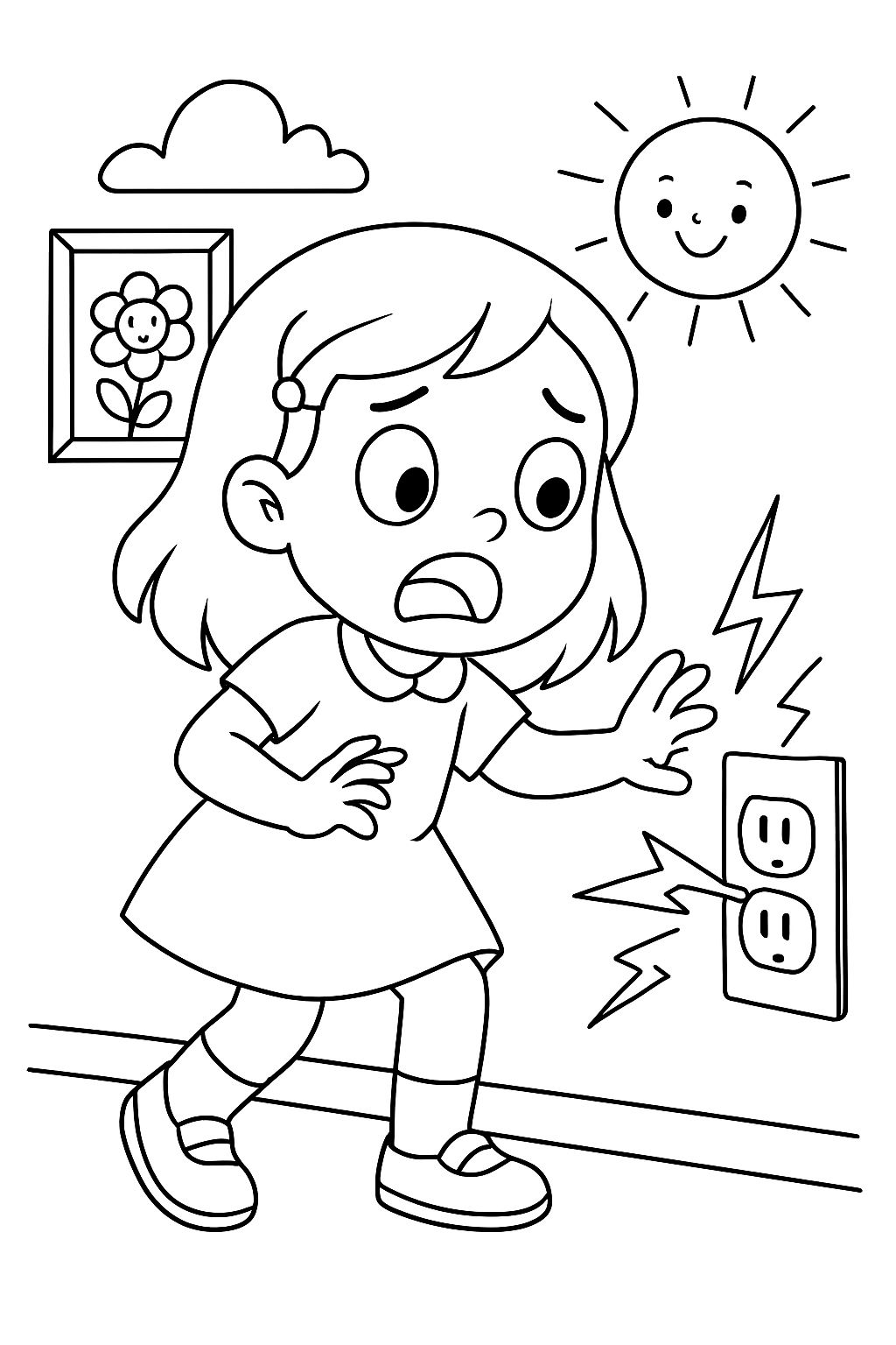 Girl touching electrical outlets, scared.