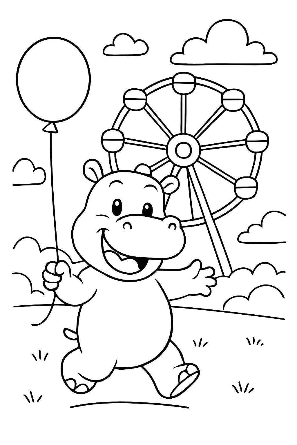 Un hippopotame tient un ballon et se tient devant une grande roue
