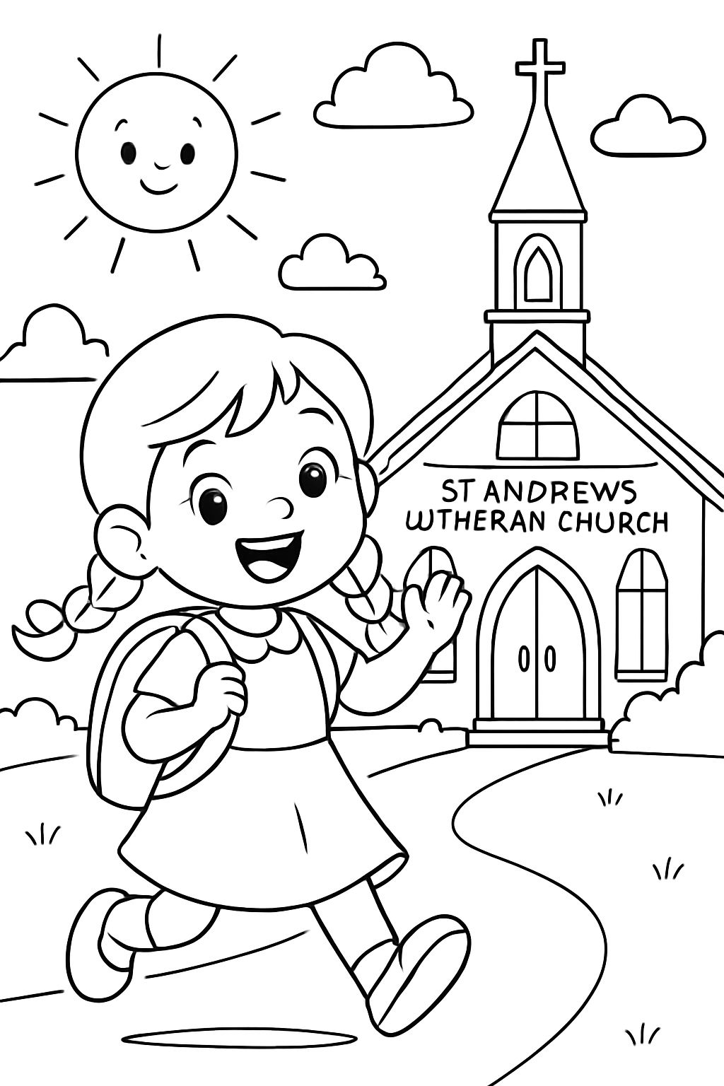 Erster Tag im Vorschulkindergarten in einer Kirche. Ein kleines Mädchen in einem Kleid mit geflochtenen Zöpfen. Auf der Vorderseite der Kirche steht St. Andrews Lutheran Church. Erster Tag im Vorschulkindergarten in einer Kirche. Ein kleines Mädchen in einem Kleid mit geflochtenen Zöpfen. Auf der Vorderseite der Kirche steht St. Andrews Lutheran Church.