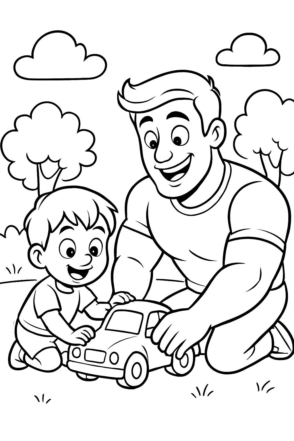 a little boy of 3 years with dark blonde hair and next to him his uncle, 30 years old, bodybuilder and bright eyes. They play car together