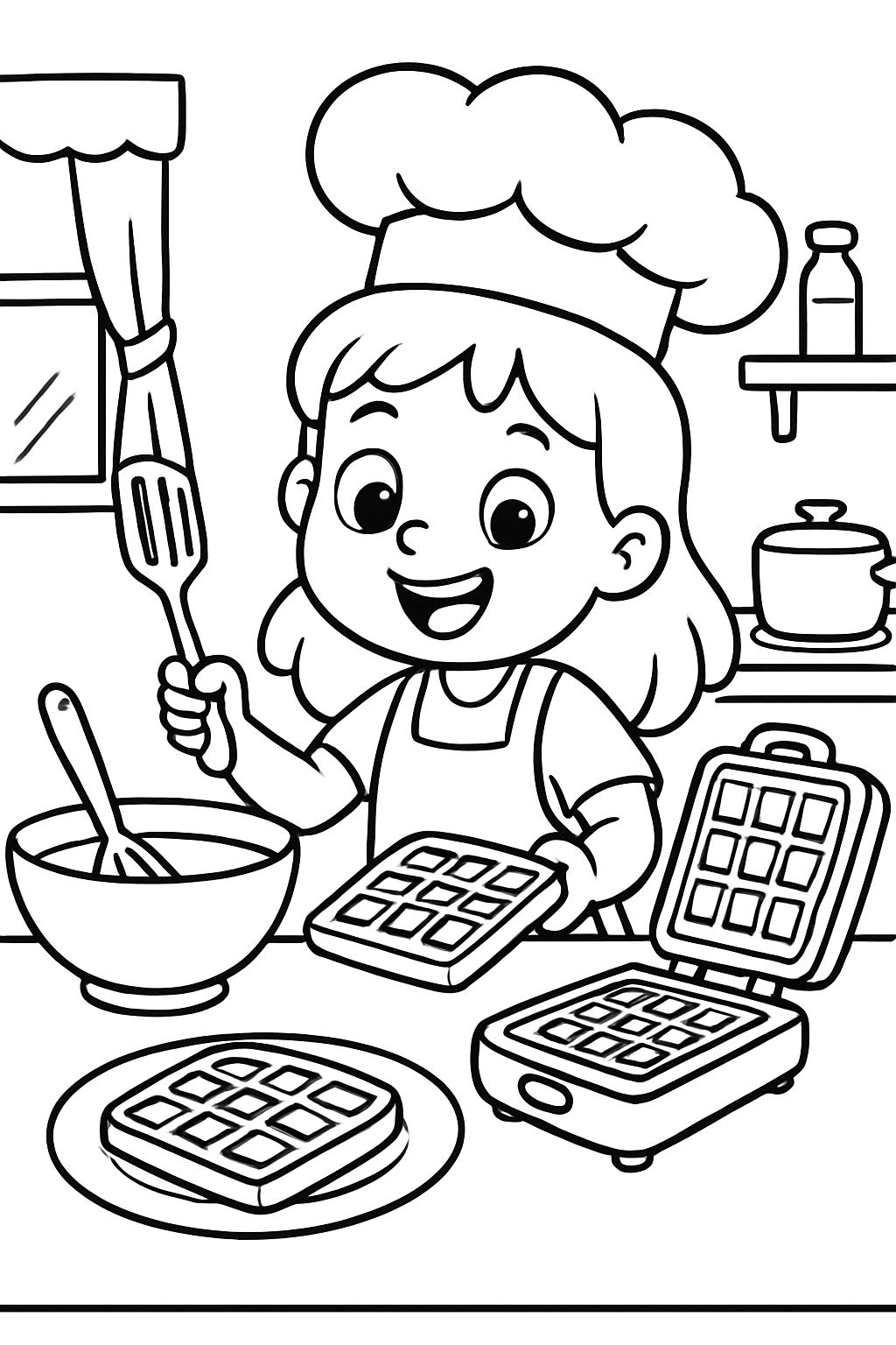 Girl chef cooking waffles.
