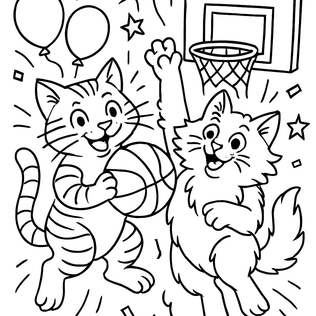Cat Basketball Birthday Card with one tabby cat and one fluffy black and white cat. Cat Basketball Birthday Card with one tabby cat and one fluffy black and white cat.