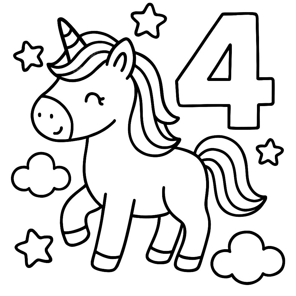 Une page à colorier de licorne mignonne pour les préscolaires, très simple avec des contours épais, des détails minimaux, sans ombrage, sur un fond blanc clair. La licorne doit avoir l'air amicale et facile à colorier, entourée d'étoiles ou de nuages. Incluez un grand nombre '4' dans le design pour représenter un 4e anniversaire. Dessin en noir et blanc, style livre de coloriage. Une page à colorier de licorne mignonne pour les préscolaires, très simple avec des contours épais, des détails minimaux, sans ombrage, sur un fond blanc clair. La licorne doit avoir l'air amicale et facile à colorier, entourée d'étoiles ou de nuages. Incluez un grand nombre '4' dans le design pour représenter un 4e anniversaire. Dessin en noir et blanc, style livre de coloriage.