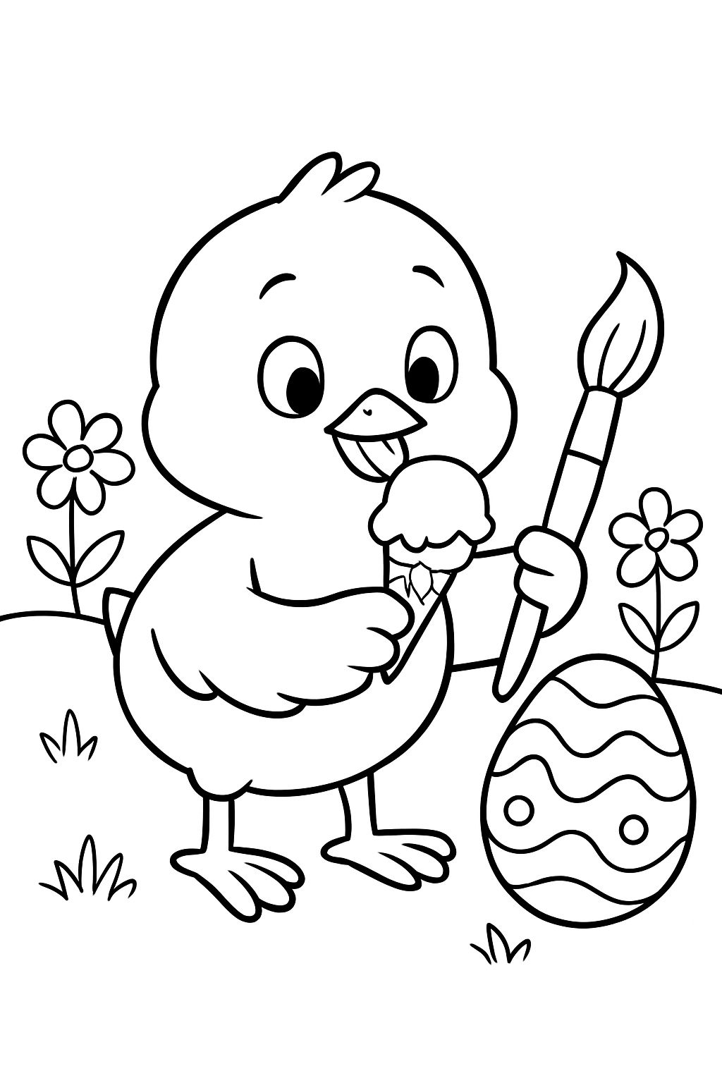 A chick with a paintbrush and a colorful egg. The chick should be licking an ice cream in the other hand and the picture has no clouds