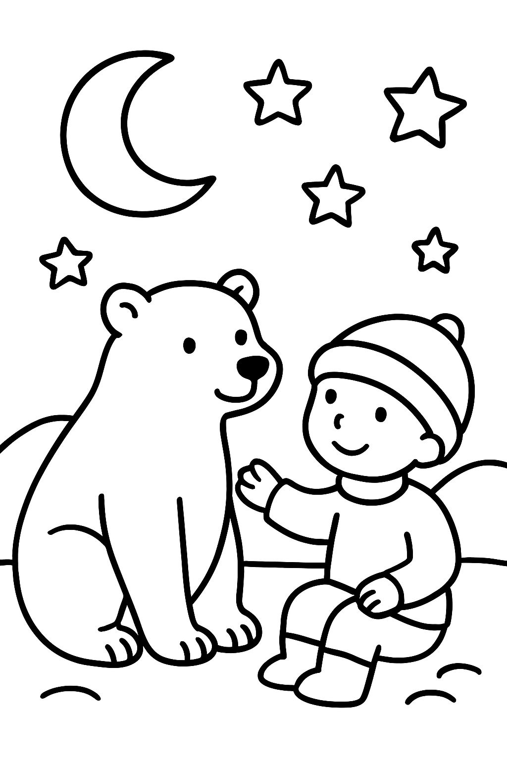 Polar bear with stars and moon and human