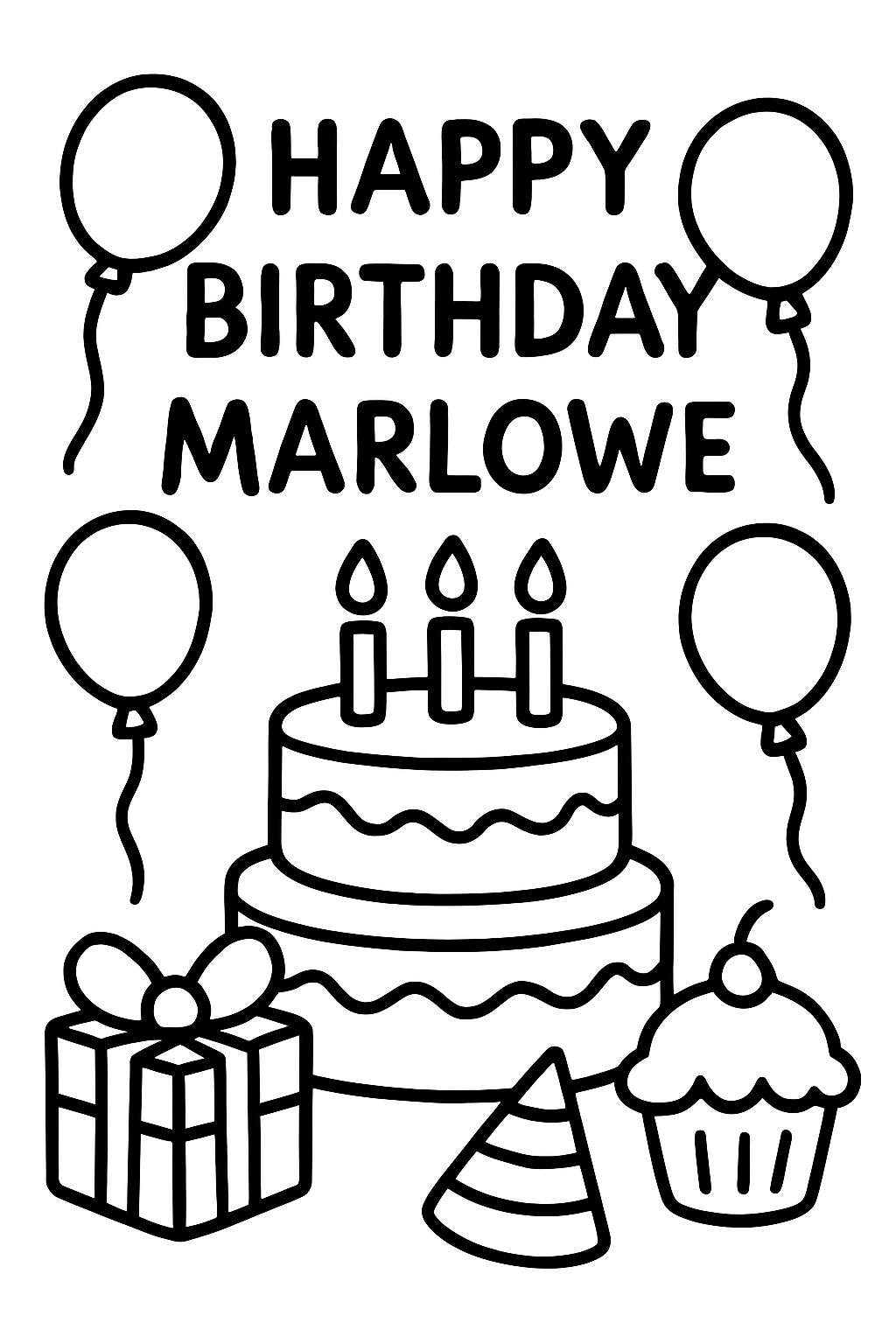 Happy birthday Marlowe with balloons, cupcakes, and other birthday items