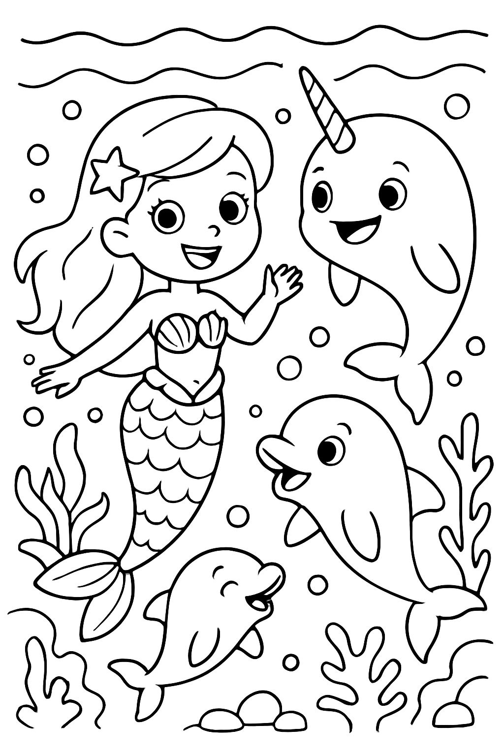 mermaid with narwhale and baby dolphins