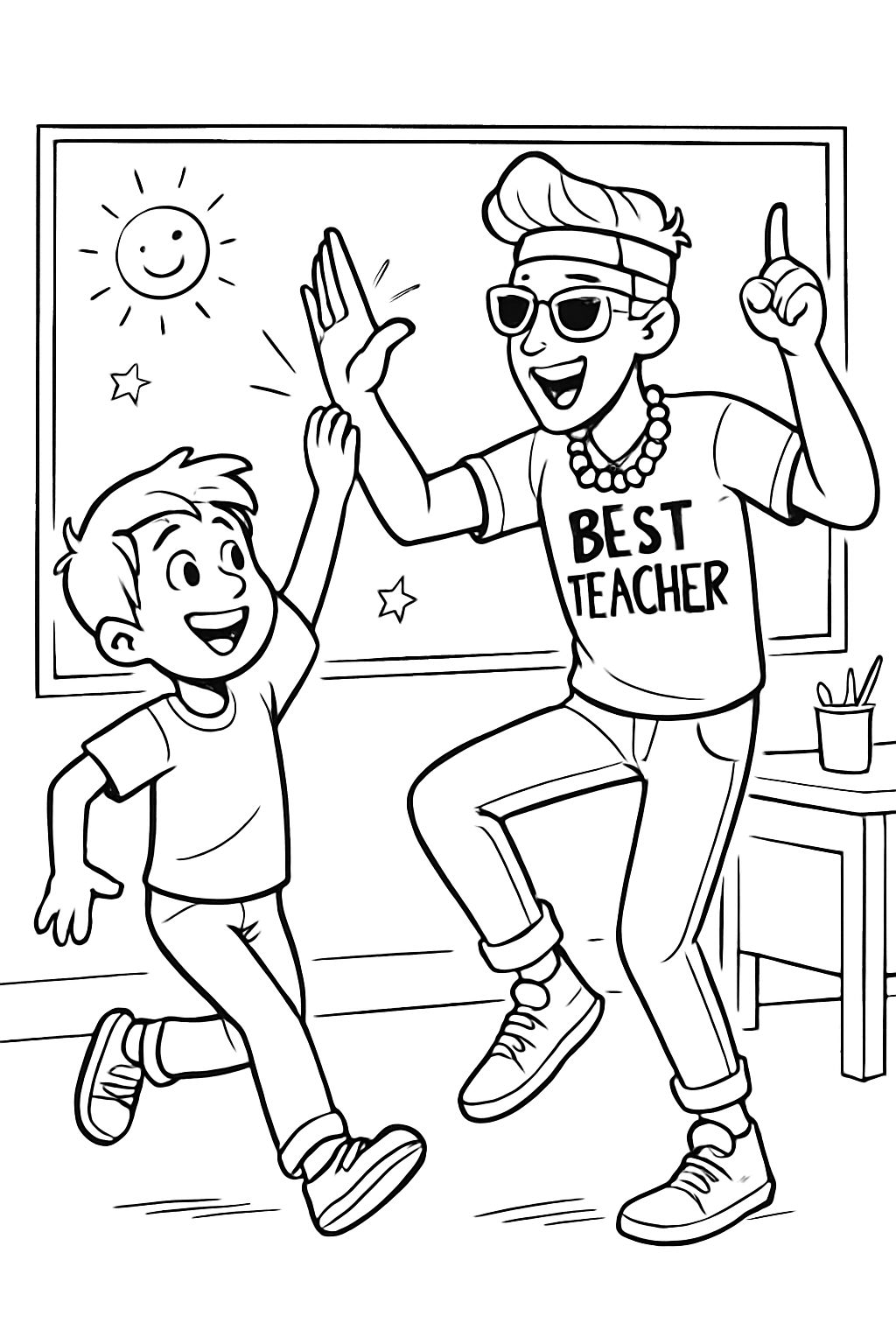 a young boy with a cool young teacher whose outfit is fun 'best Teacher'.