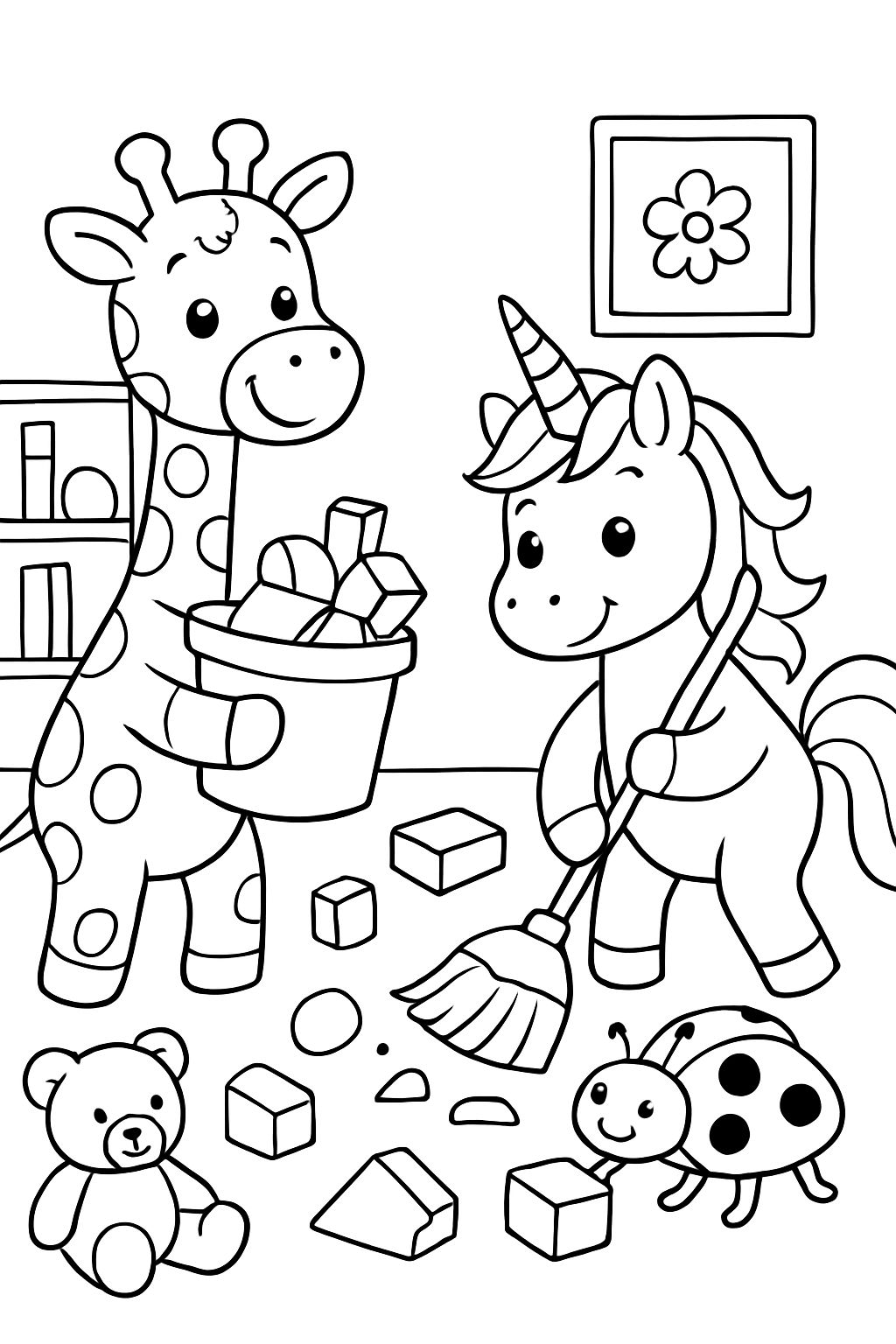 A giraffe, a unicorn, and a beetle are cleaning a messy playroom