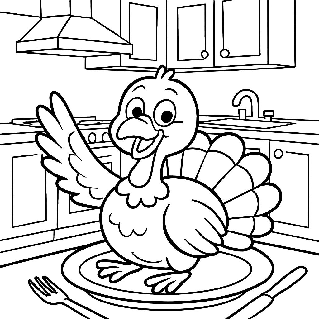 A live turkey on a table about to be eaten and there is a kitchen next to it. A live turkey on a table about to be eaten and there is a kitchen next to it.