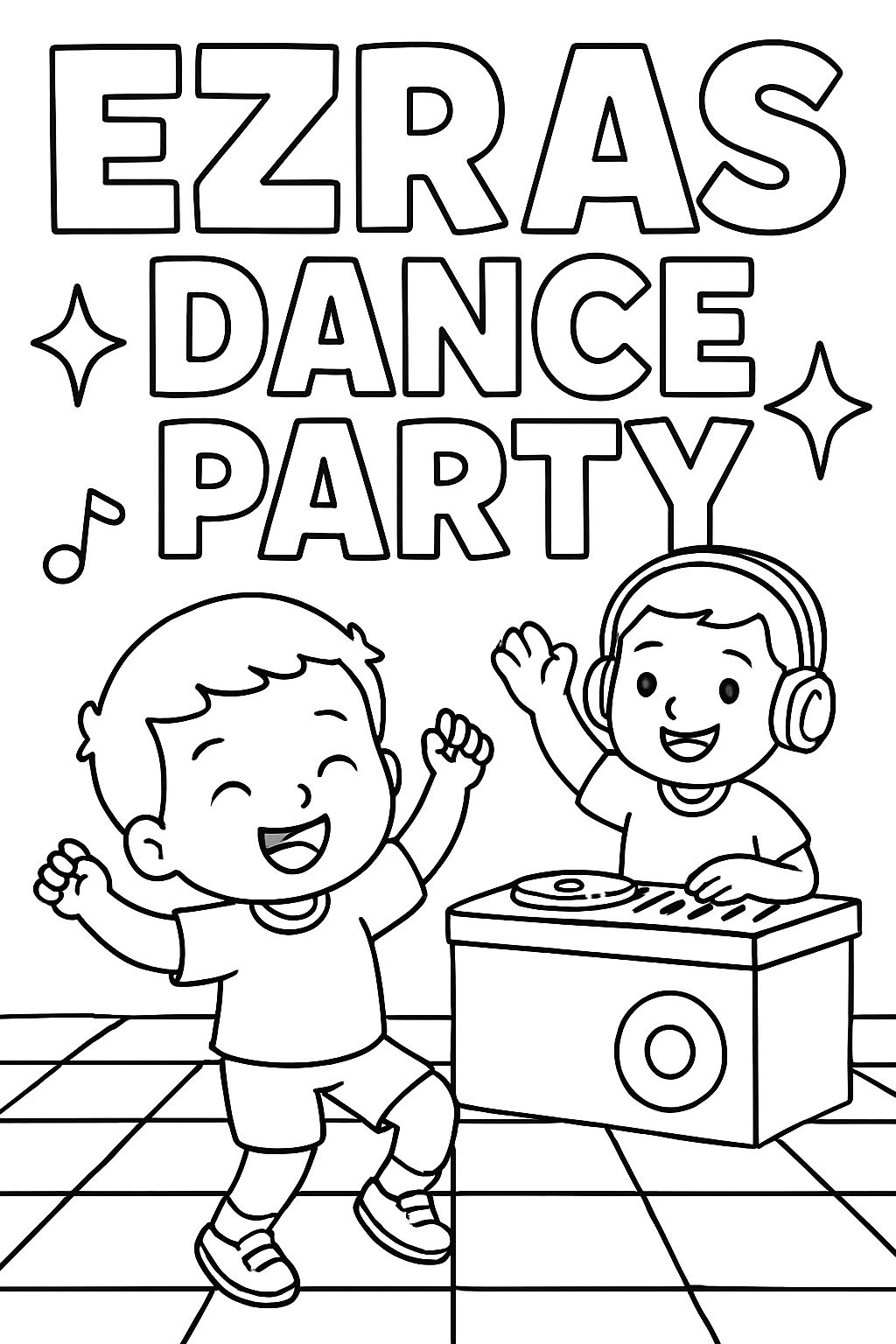As palavras ezras dance party em letras maiúsculas para que possam ser coloridas. Com um bebê dançando em uma pista de dança quadriculada com todos os quadrados brancos para colorir e uma cabine de DJ. As palavras ezras dance party em letras maiúsculas para que possam ser coloridas. Com um bebê dançando em uma pista de dança quadriculada com todos os quadrados brancos para colorir e uma cabine de DJ.