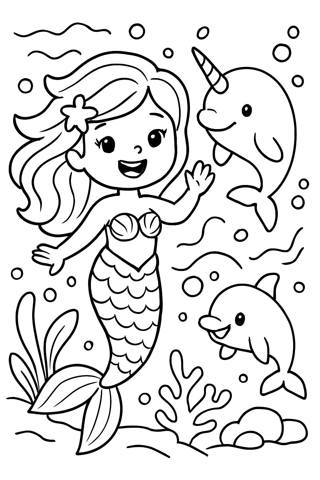 A mermaid with a narwhale and baby dolphins.