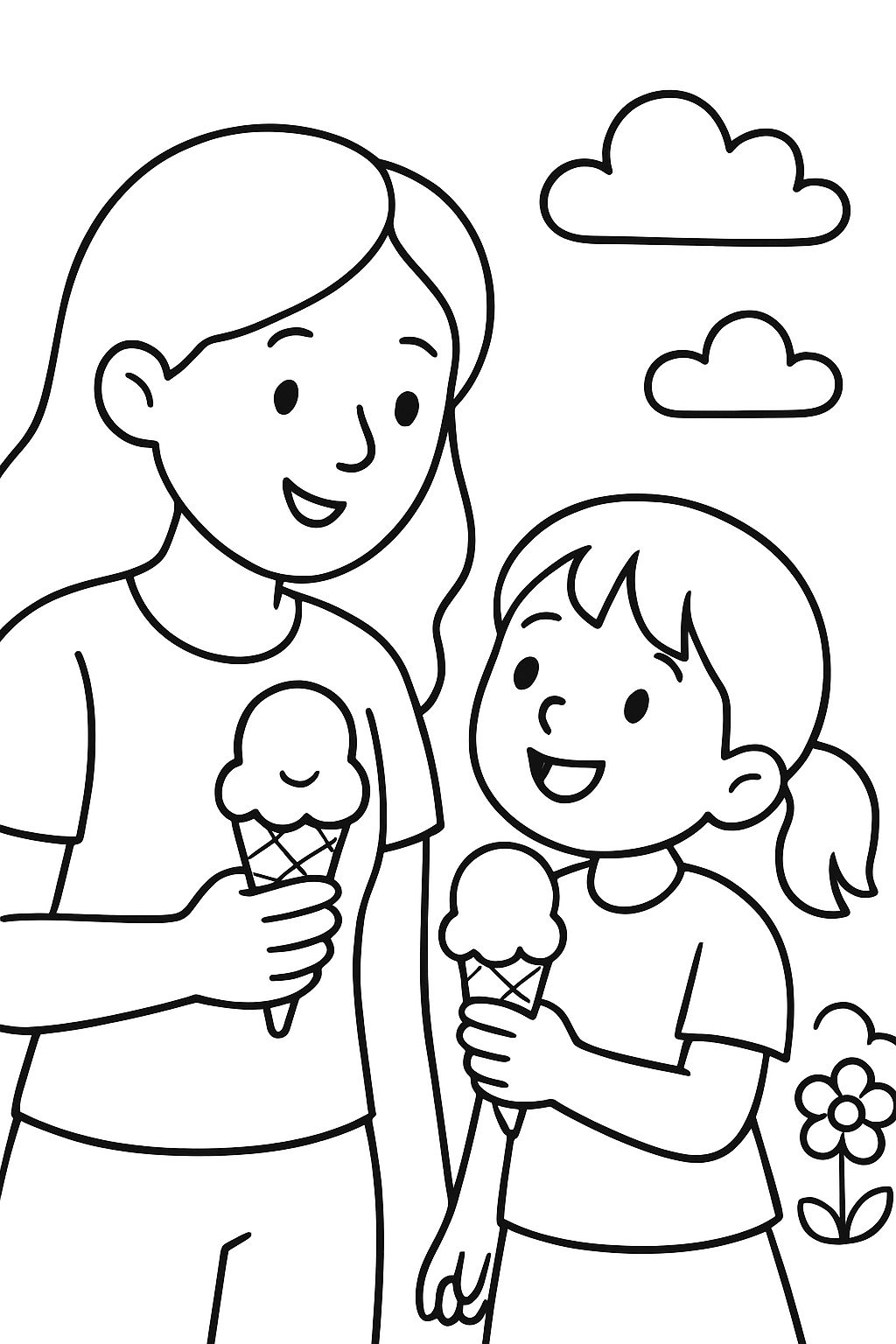 Una mujer y una niña comiendo helado