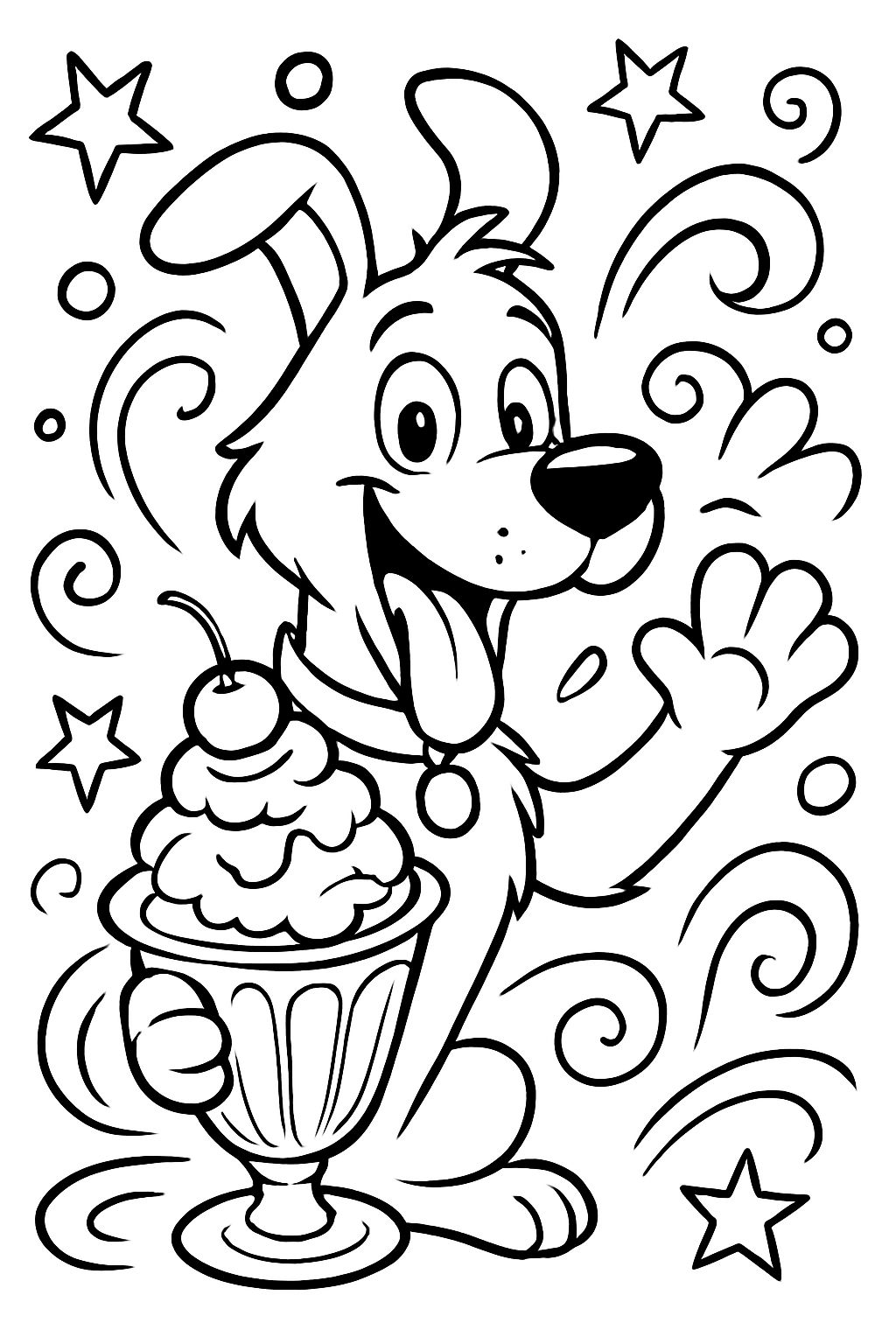 Ein Hund mit einem Eisbecher, oben steht Brusters und lustige Designs an den Seiten.