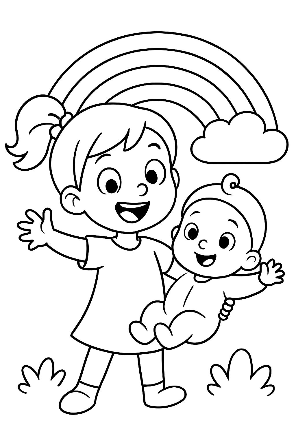 a 5-year-old big sister with a baby girl and a rainbow in the background