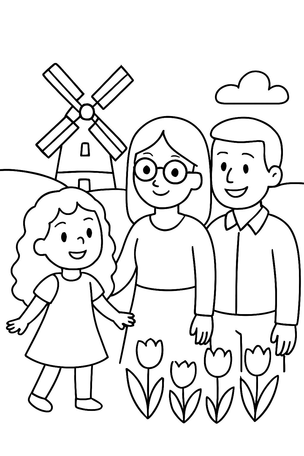 une petite fille avec de longs cheveux bouclés, une mère avec des lunettes et un père aux Pays-Bas.