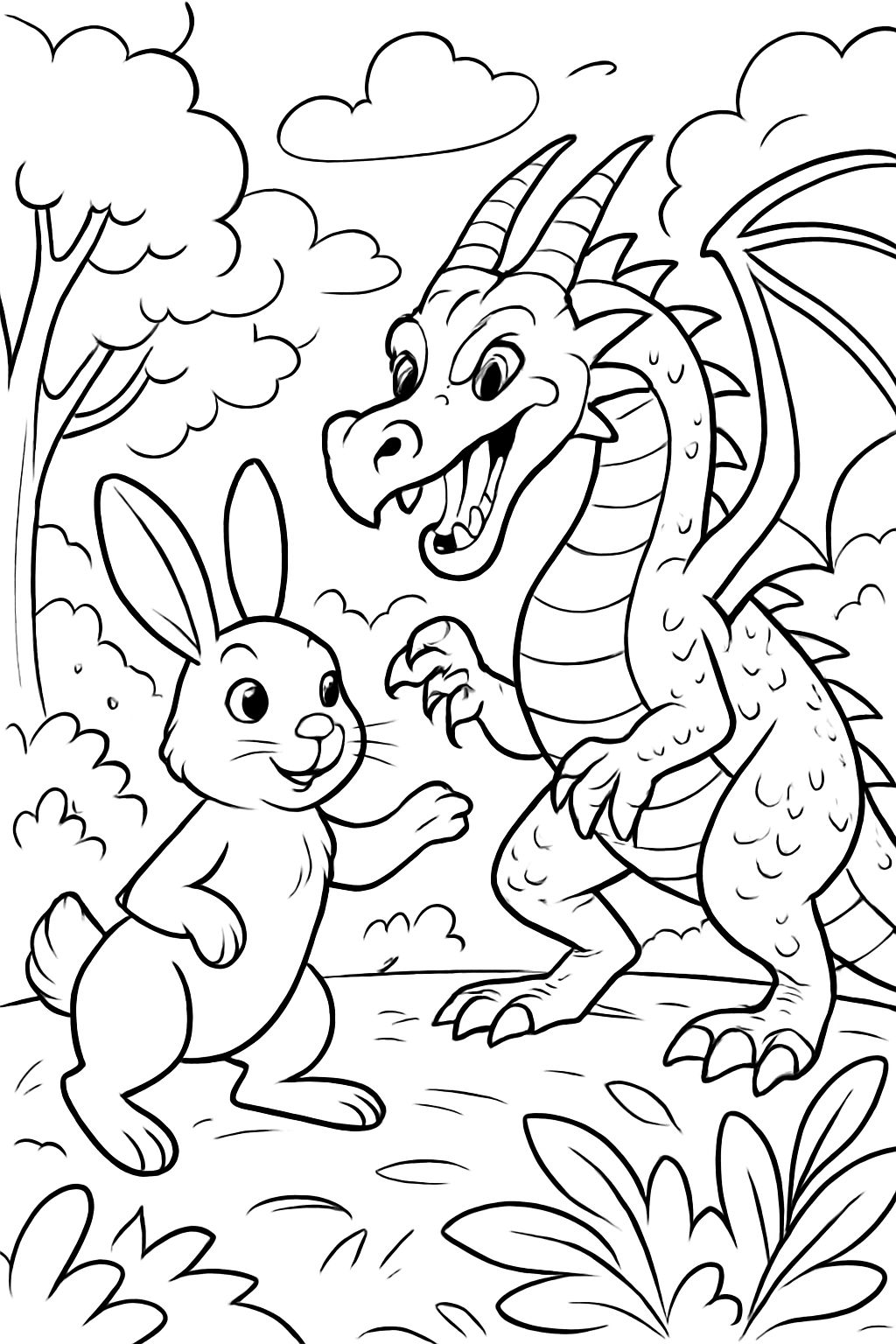 a rabbit with a dragon in a forest easy drawing