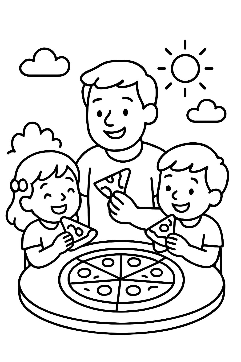 A family with a dad, a father, a son, and a daughter. The children are 4-year-old twins. Everyone is sitting around a table eating pizza.