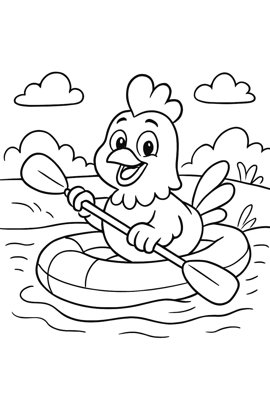ein lächelndes Huhn in einem Schlauchboot
