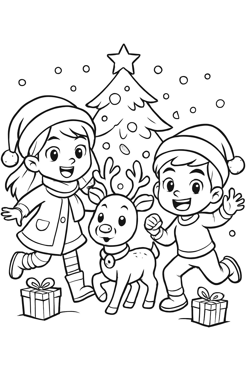 kawaii kleines Mädchen und Junge mit einem Rentier und Weihnachtsbaum