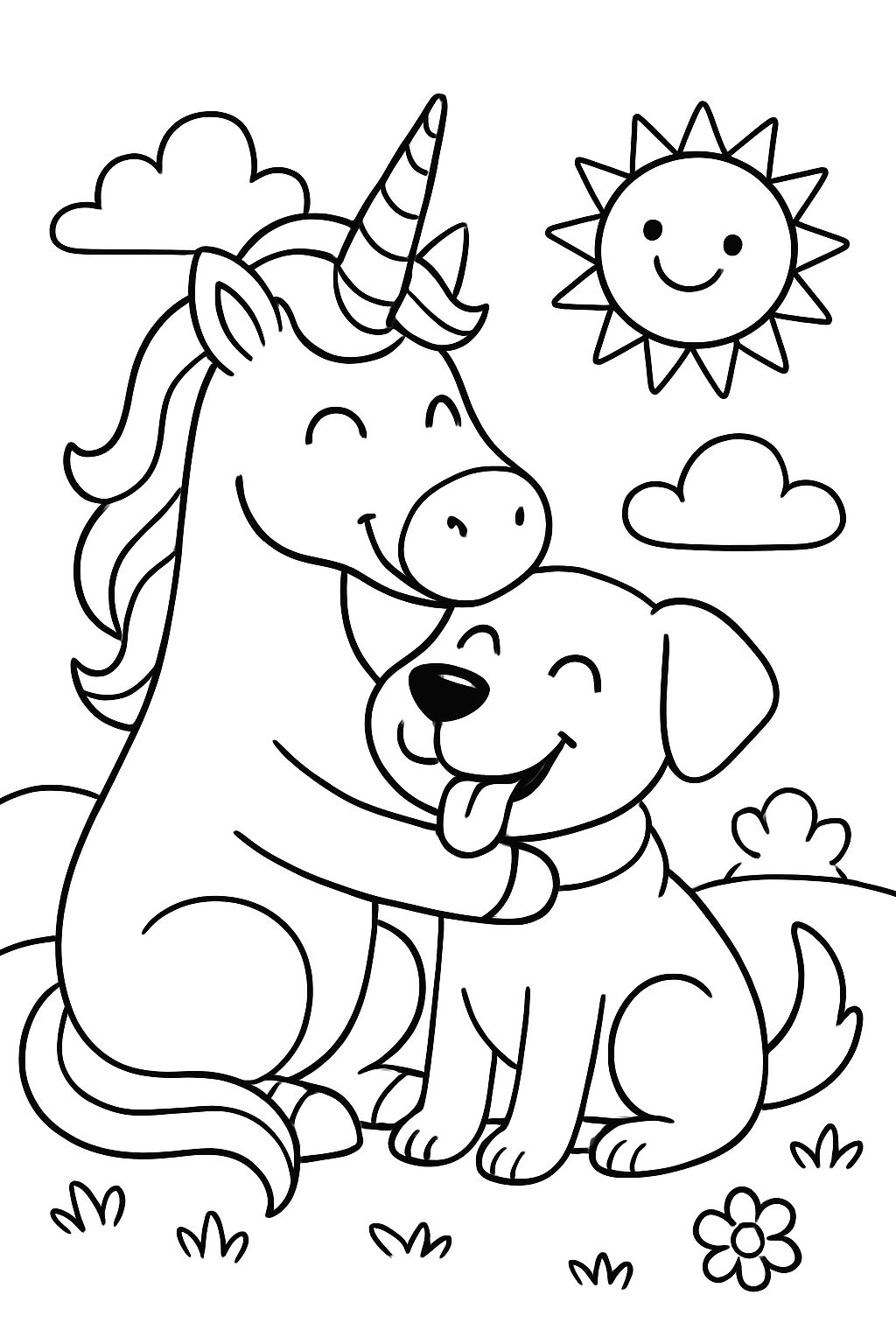 a unicorn hugging a dog